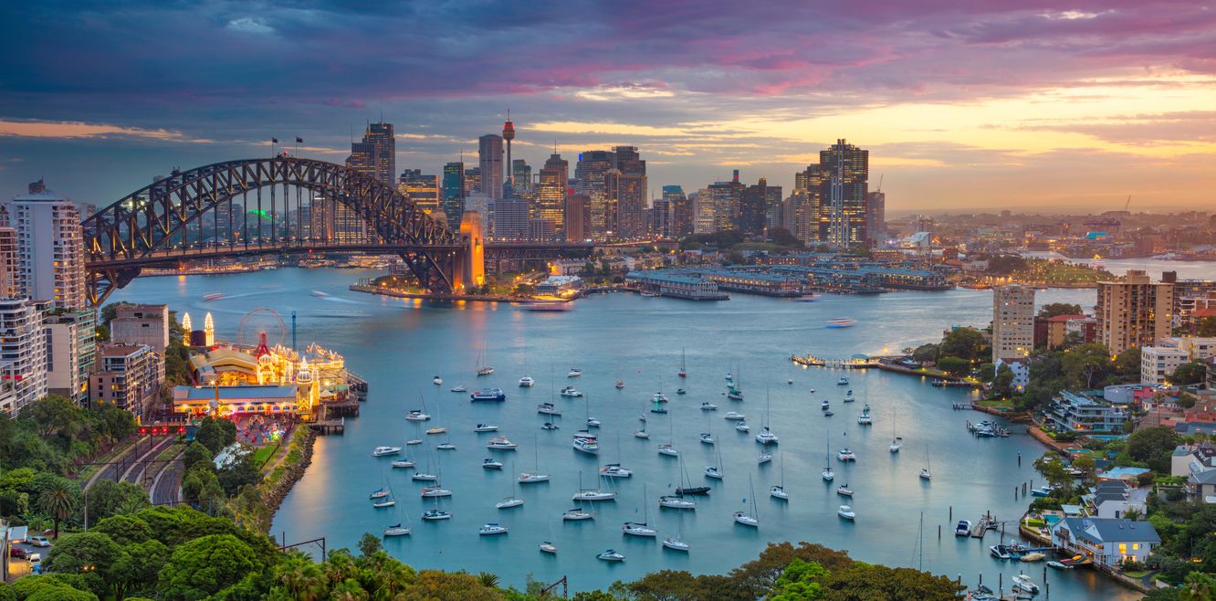 The Sydney skyline at sunset.