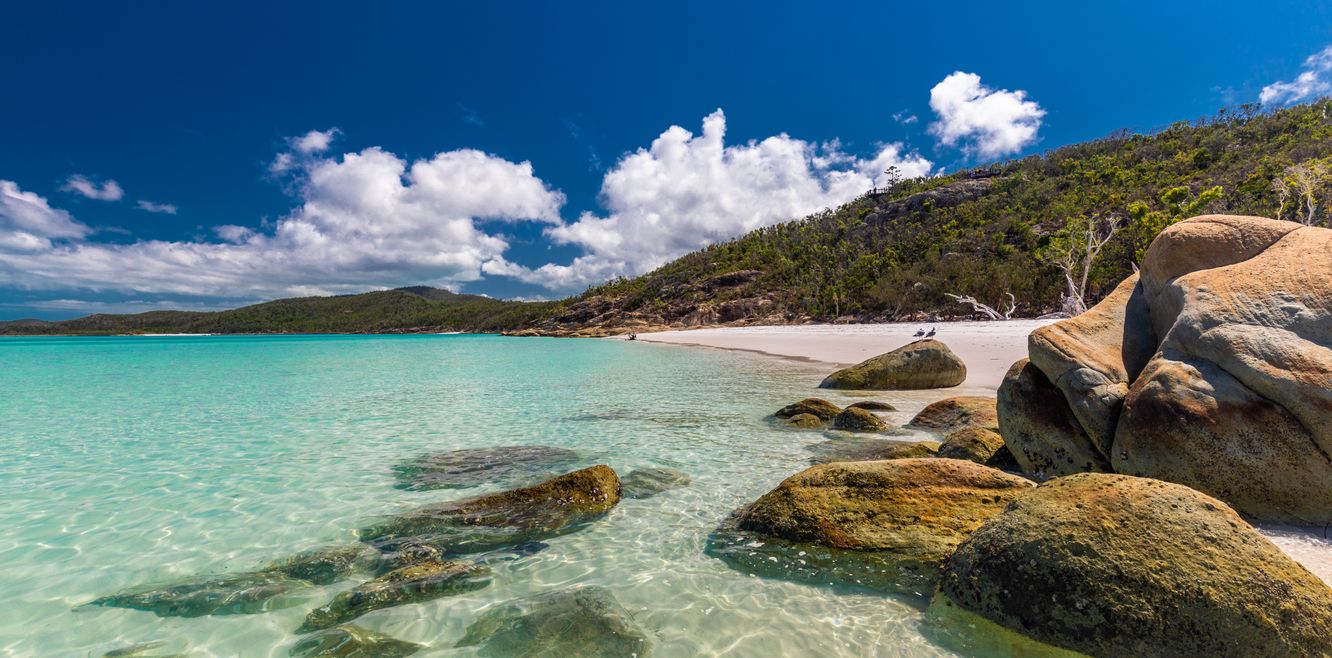 The beautiful white sand Whitehaven Beach on the Whitsunday Islands near Airlie Beach, Queensland.