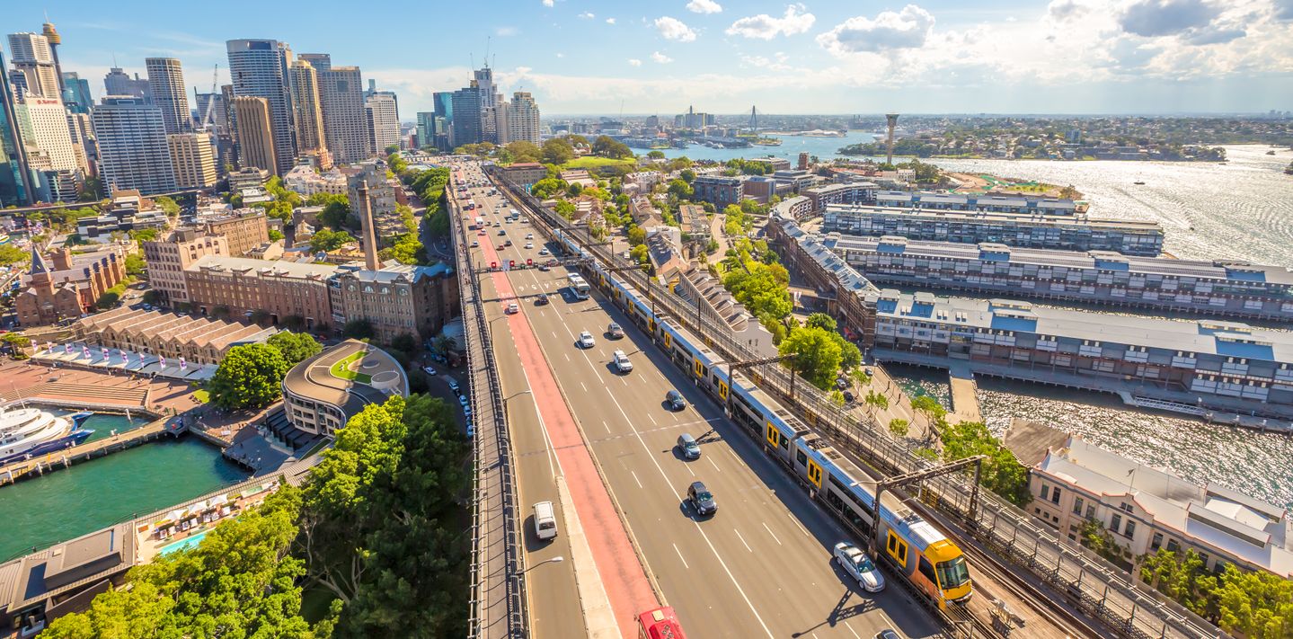 A commuter train on the Sydney Harbour Bridge.