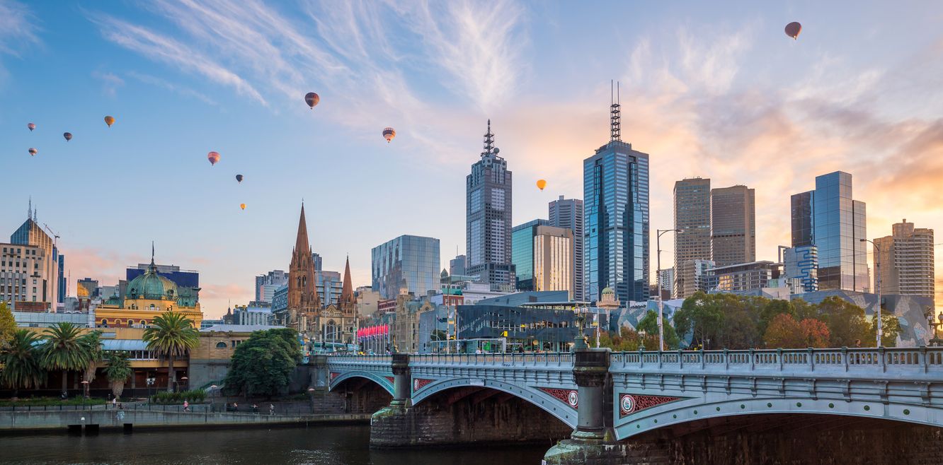 The Melbourne city skyline at twilight.