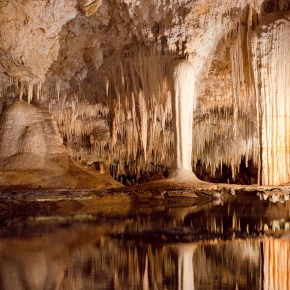 Lake Cave is home to a spectacular crystal decoration weighing several tonnes that hangs from the ceiling, almost touching the waters of the lake.