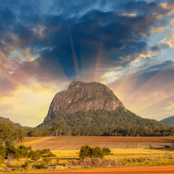 A dramatic sky over Glass House Mountains National Park.